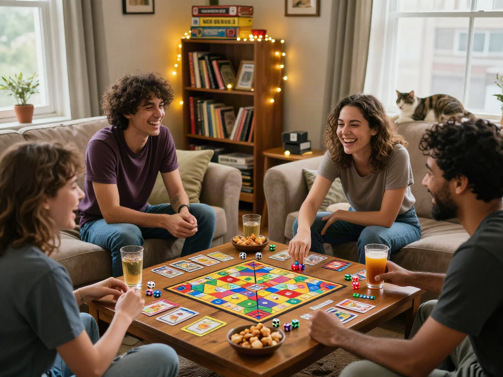 Friends enjoying a playful sex game night in a cozy living room.