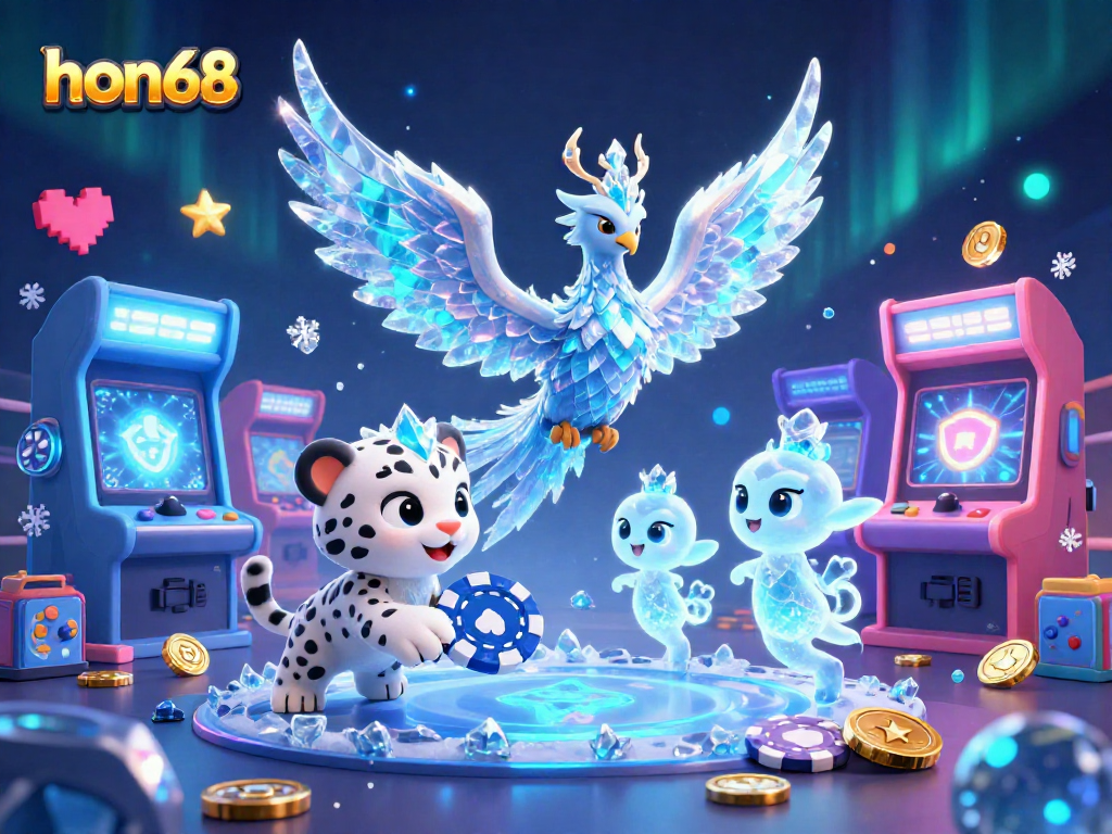 Engage in thrilling gameplay at hon68 with a captivating illustration of an ice phoenix and a snow leopard cub amidst vibrant casino elements.