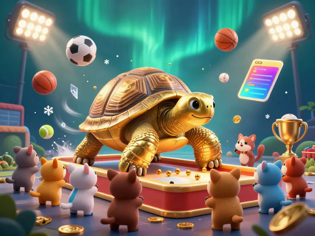 Experience the excitement of 78win with a colossal tortoise pinball machine surrounded by bouncing sports balls and golden coins.