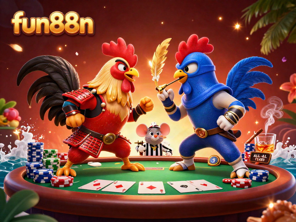 Engage in thrilling gameplay with fun88n as epic roosters duel over a poker table.