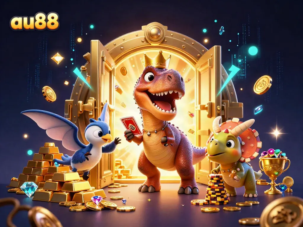 Join the fun at au88 with a 3D cartoon scene of a T-Rex and friends in a vibrant casino setting, showcasing playful gambling.