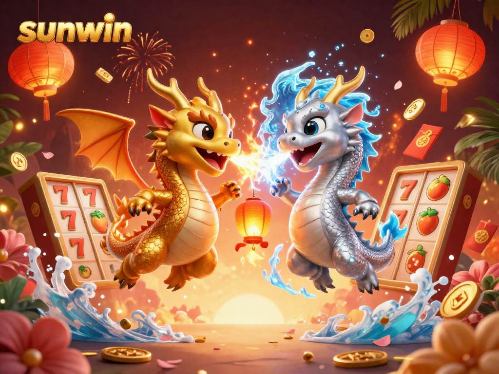 Engage with the thrilling sunwin casino experience through a vibrant 3D illustration showcasing dragons, slot reels, and rich gaming elements.