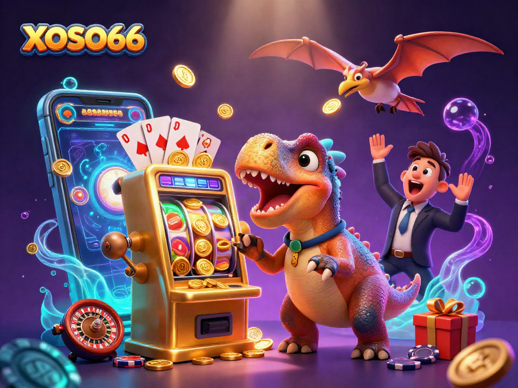 XOSO66 slot machine jackpot scene with 3D cartoon dinosaurs and dynamic casino elements