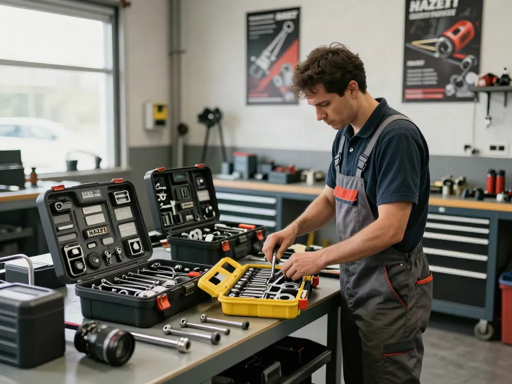 HAZET tool box collection organized in a professional automotive workshop.