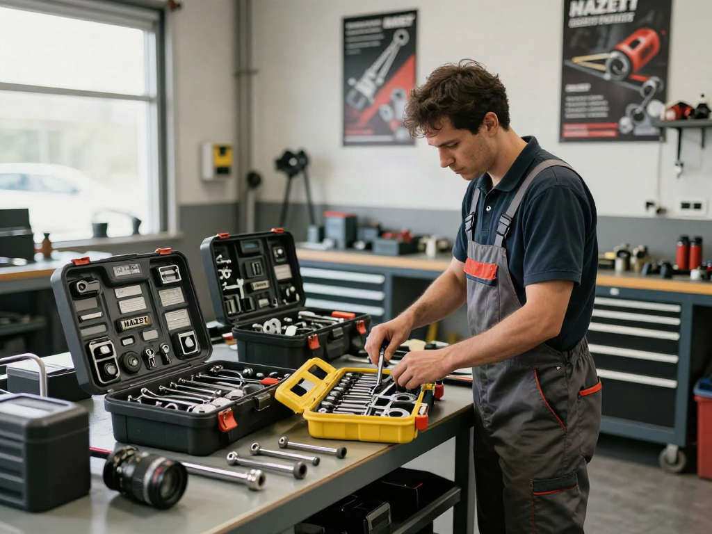 HAZET tool box collection organized in a professional automotive workshop.