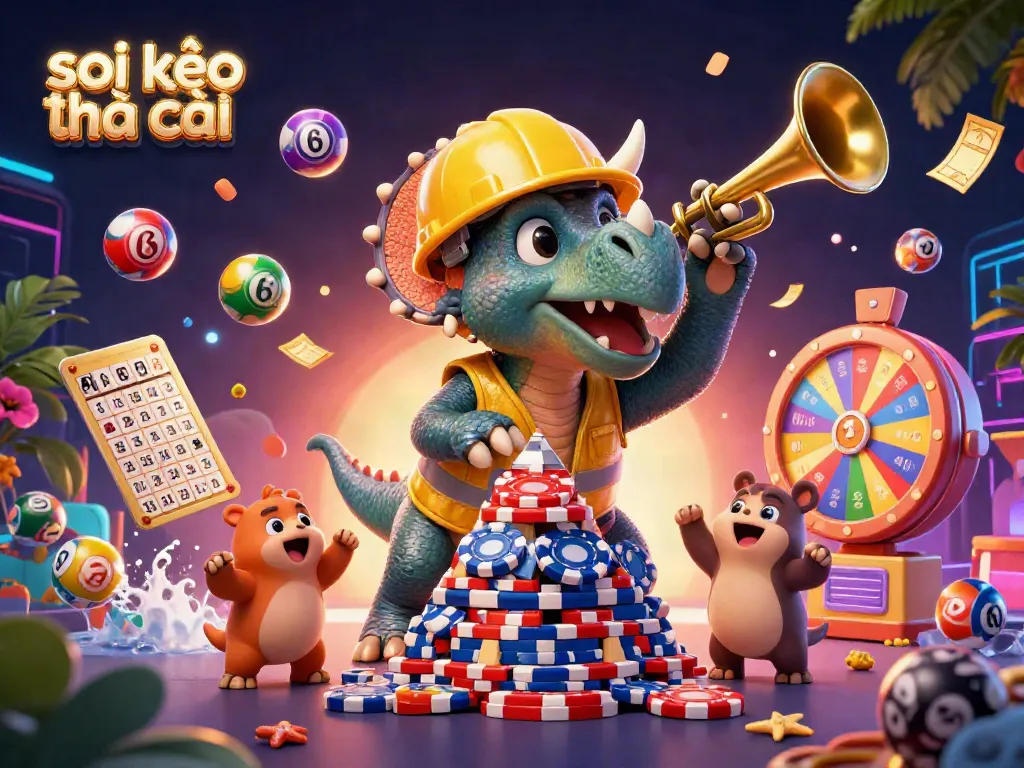 Soi kèo nhà cái showcases a dynamic gambling scene with dinosaurs building a poker chip pyramid and celebration elements.