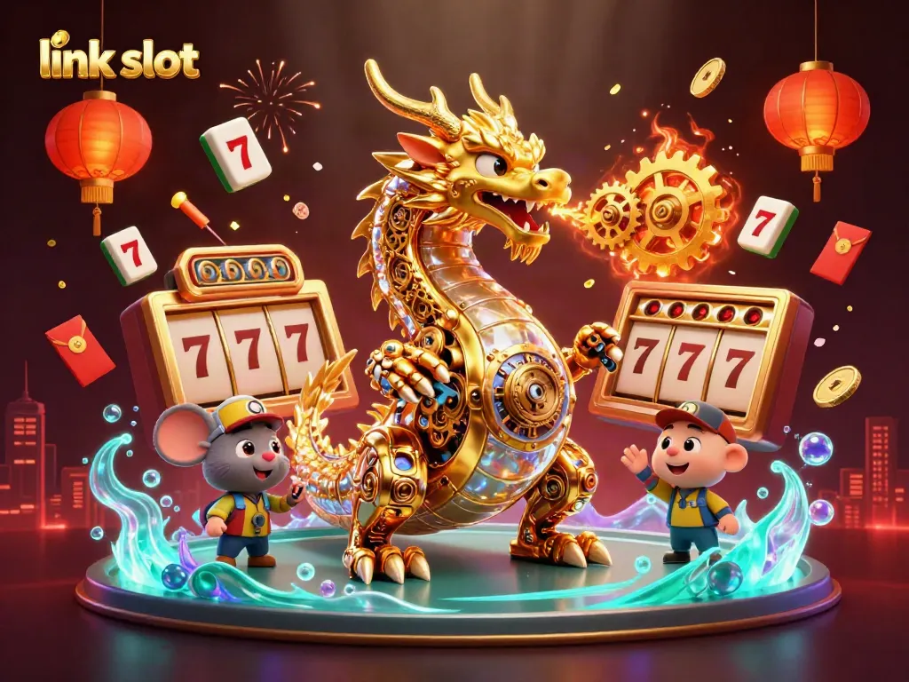 Experience thrilling play with link slot in a captivating 3D casino scene featuring dynamic slot elements.