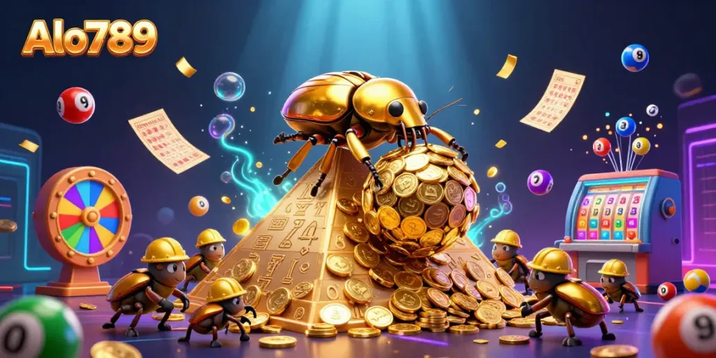 Alo789 brings excitement with a golden dung beetle rolling a coin ball in a vibrant casino scene.