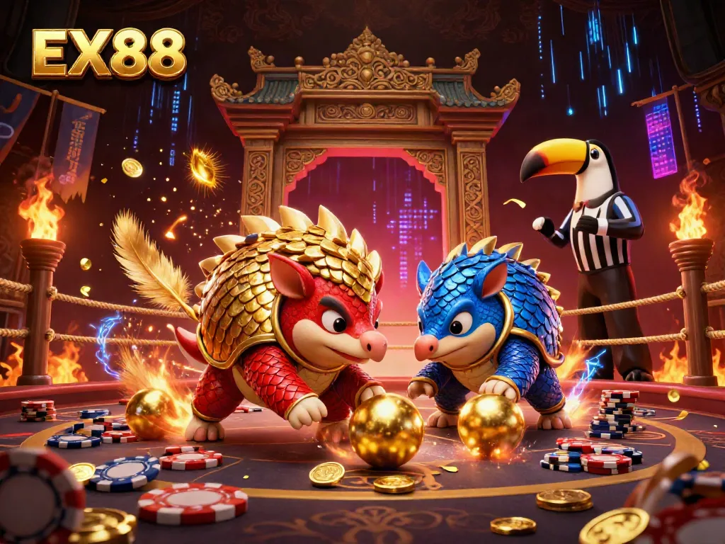 Rival pangolins in armor play a betting game in a dramatic casino scene, showcasing EX88.