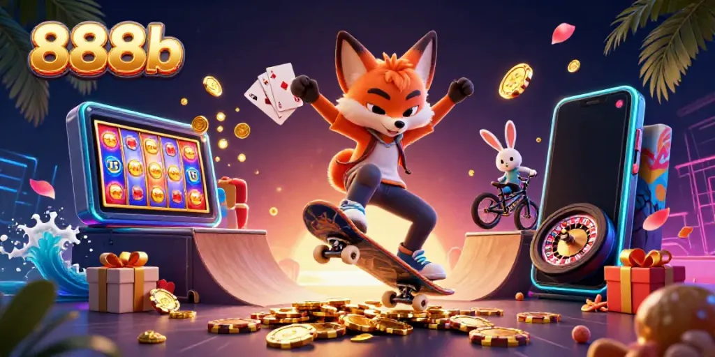 Engage in thrilling casino action with 888b's vibrant scene featuring a skateboarder fox and BMX-riding rabbit.