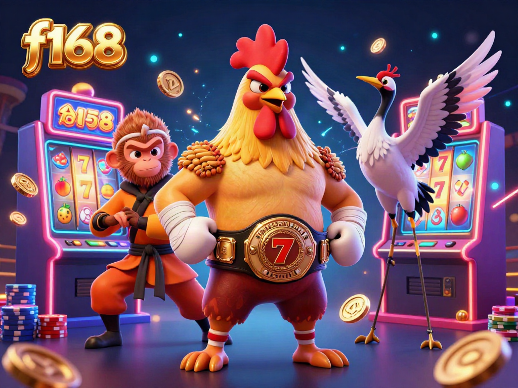 Spin the reels with f168 as 3D characters enjoy a vibrant casino atmosphere filled with slot machines.