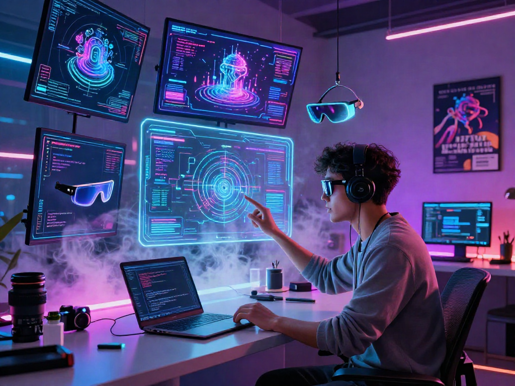 Programmer interacting with nsfw AI holograms in a vibrant tech workspace.