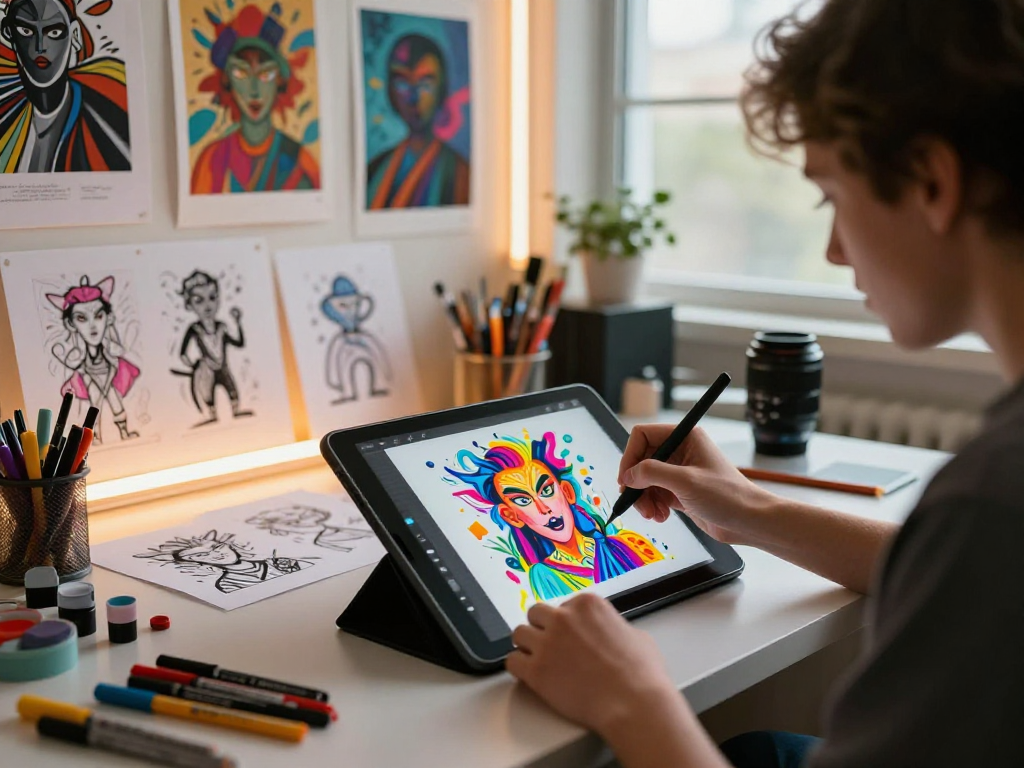 Creating nsfw ai illustrations in a vibrant digital art studio.