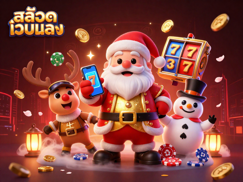 Engage in สล็อตเว็บตรง excitement with Santa and friends celebrating a jackpot at a vibrant casino scene.