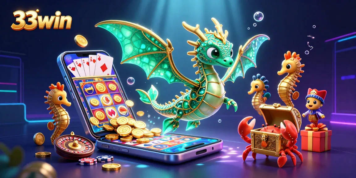 Experience the vibrant world of 33win with a magical sea dragon, rich casino elements, and thrilling action.