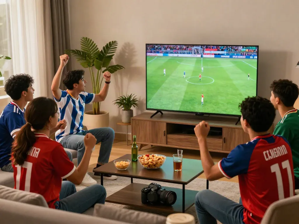 Football fans enjoying a game together watching xoilactv in a lively living room.