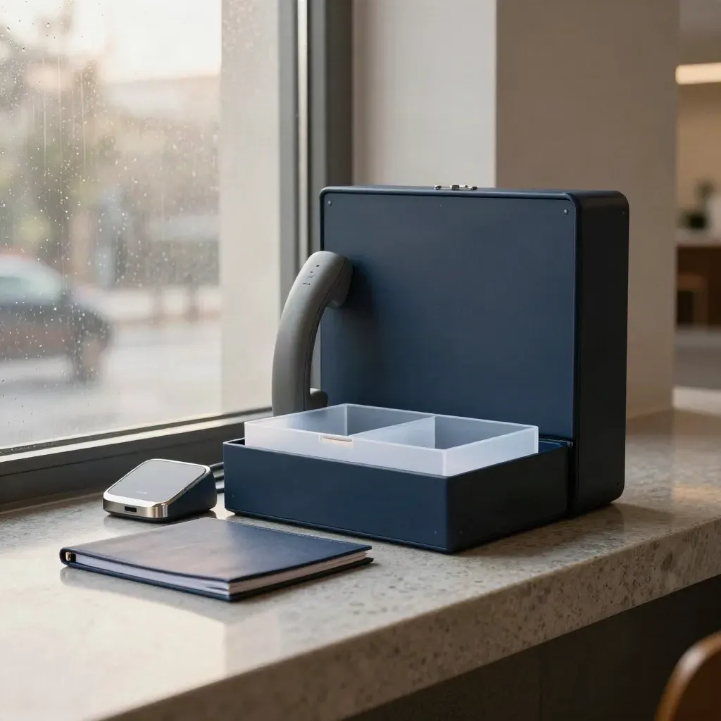 Premium helpdesk starter kit on a stone ledge by misty lobby glass, navy box and support tools