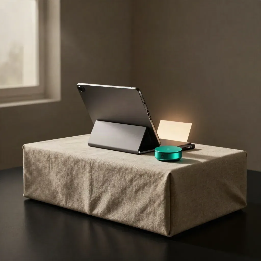 Tablet dock, headset cradle, and status puck glowing on a linen-draped console.