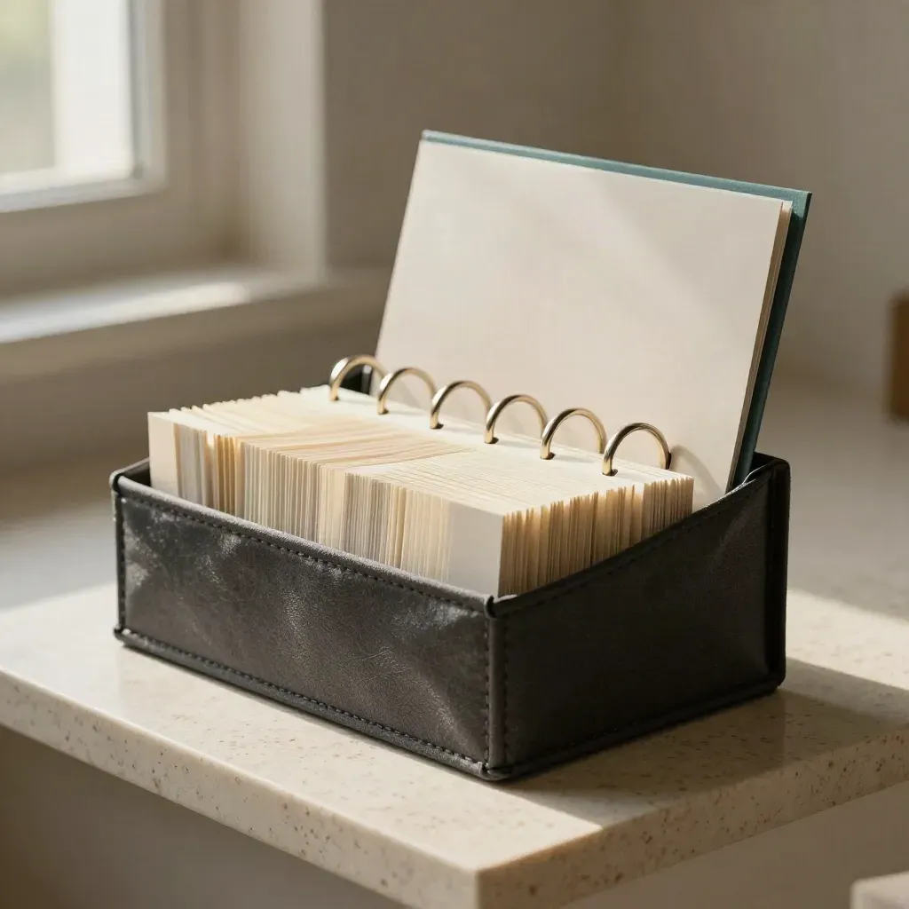 Opened FAQ setup pack with tabbed inserts and sleeve on a travertine ledge, softly lit.