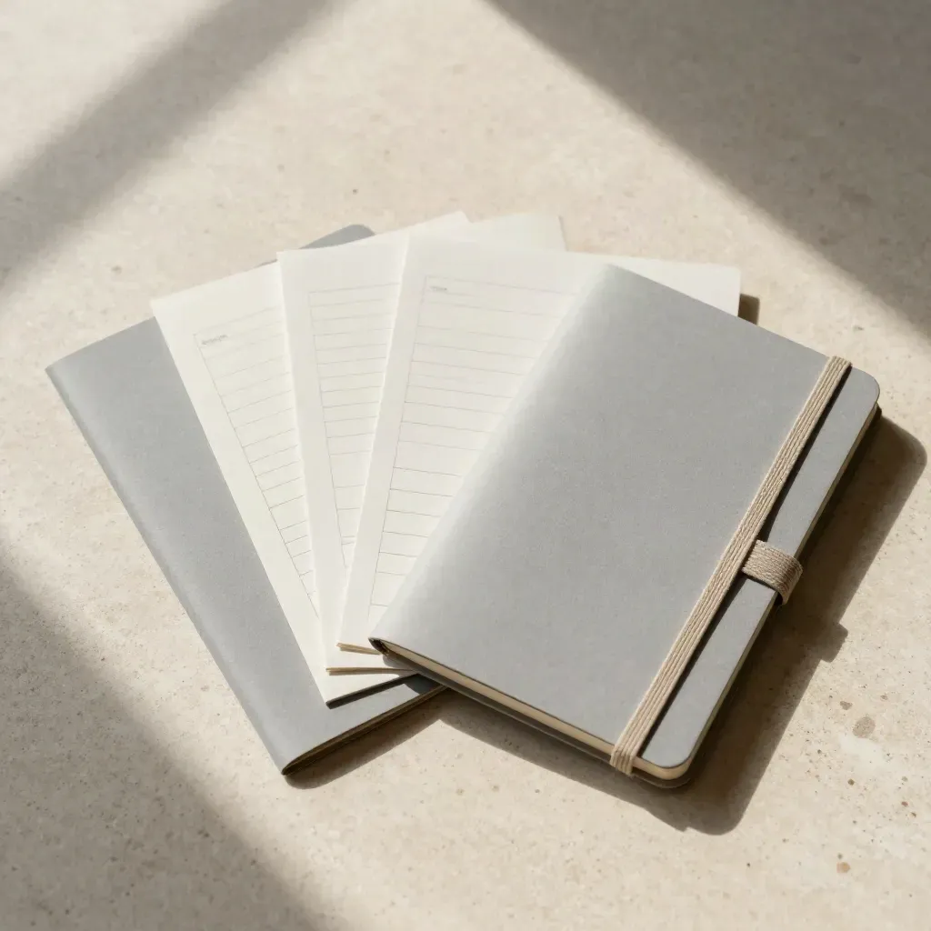 Onboarding help pack flatlay with folder, notebook, checklist cards and strap detail