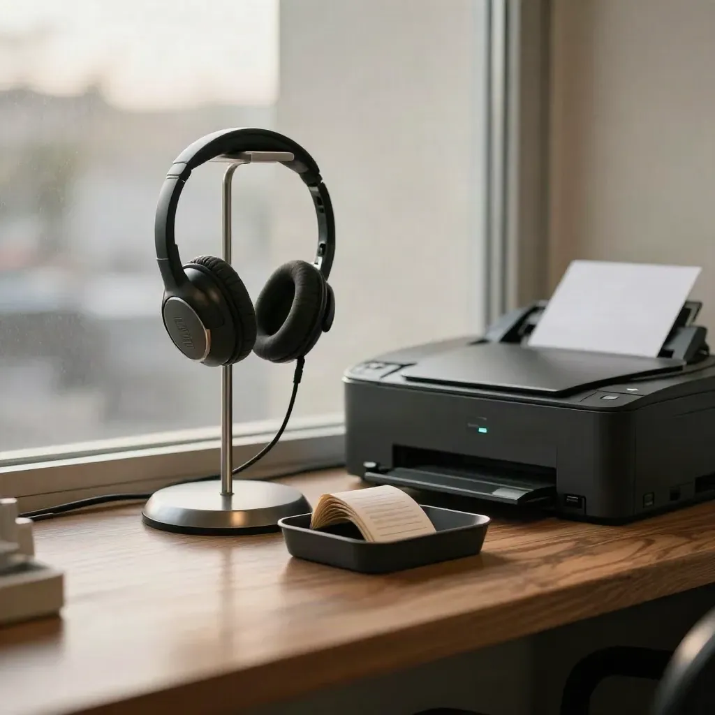 Order-care support kit on a walnut counter with headset, tray, lamp base, and printer silhouette