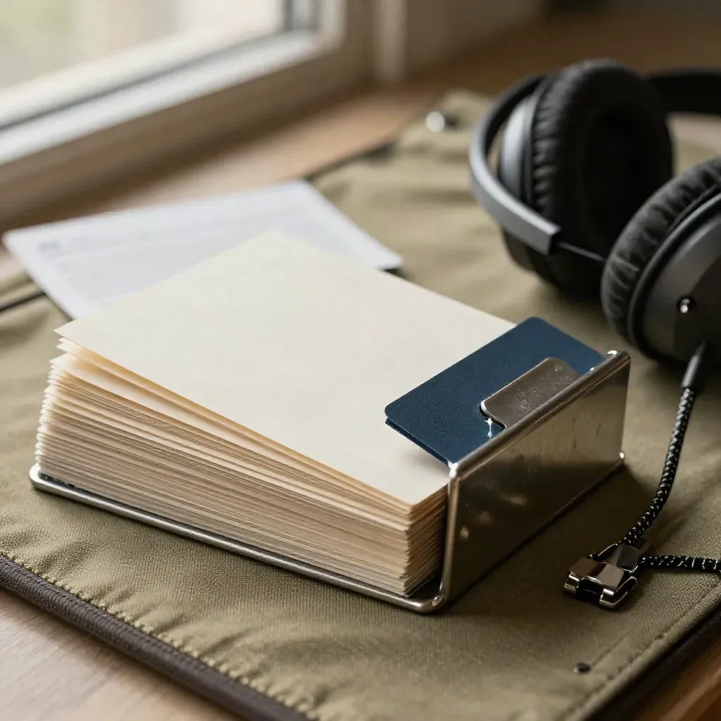 Blank script cards in a metal holder beside a headset and cable clip, macro close-up.