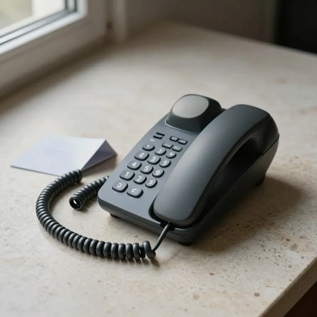 Matte desk phone, indicator puck and task-light base on pale travertine, evening flatlay.