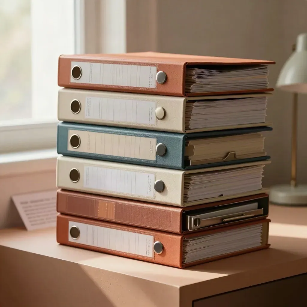 Stacked binders, tab dividers, archive trays and a turned-away desk lamp on terracotta plaster.