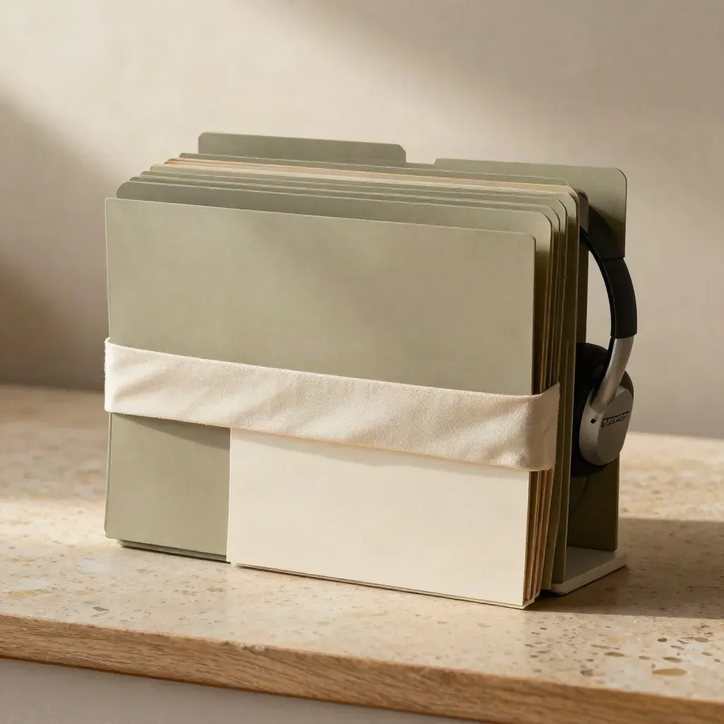 Holiday cover pack with folders, cloth wrap and headset stand on travertine