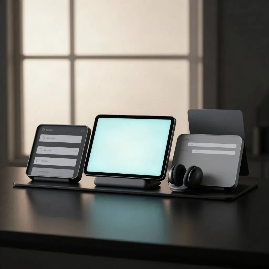Tablet dock, headset cradle and inbox trays glowing in a dramatic support setup.