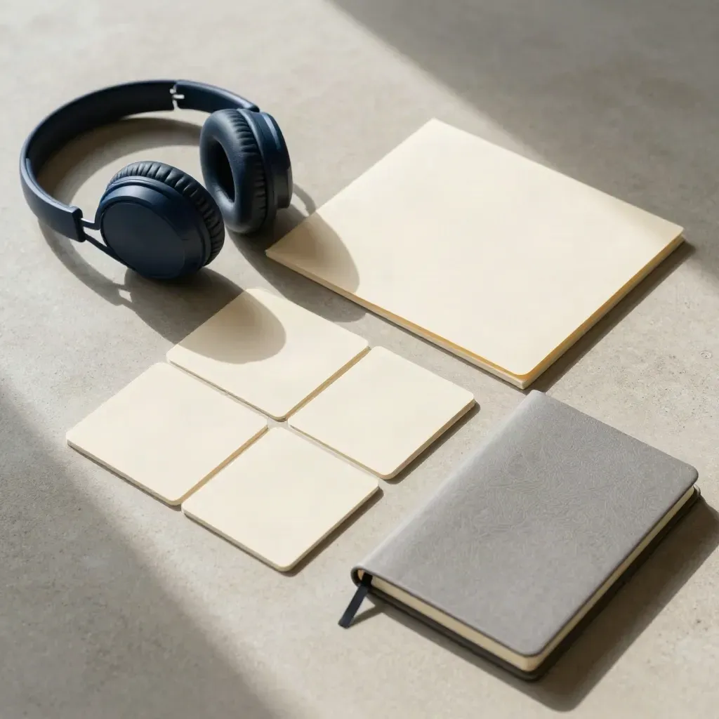 Overhead flatlay of a headset, training cards, folder and notebook on pale concrete
