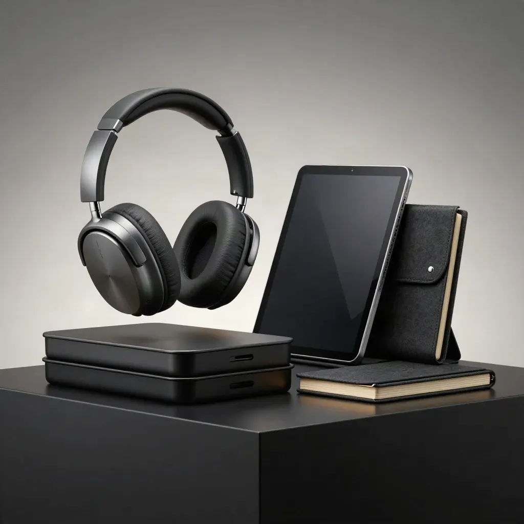 Support bundle on a dark studio plinth: headset, inbox trays, tablet stand and folded sleeve.