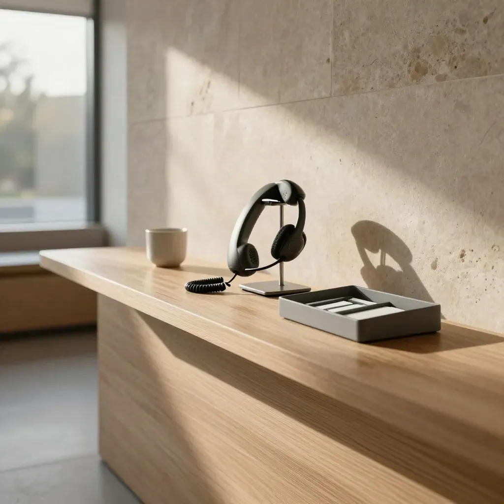 Pale oak reception ledge with desk phone, headset stand and stone wall in soft morning light