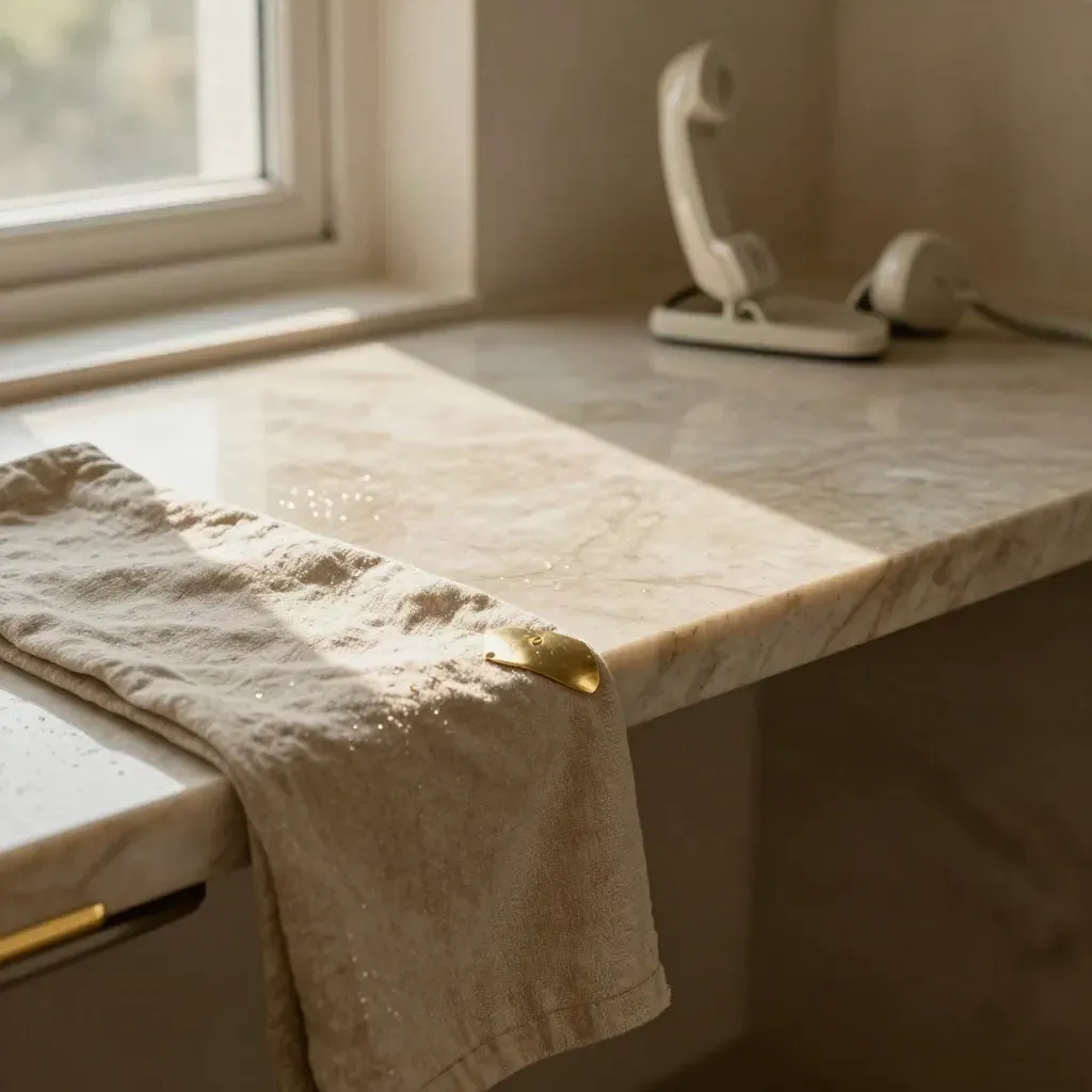Warm marble counter with linen, brass edge, headset cradle and soft sunlit bokeh.