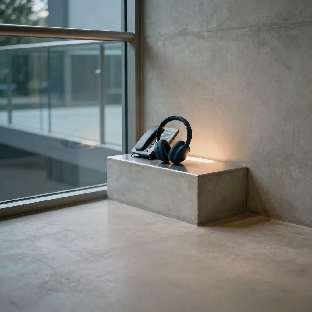 Concrete stair corner with support headset, glass landing, and calm copy space.
