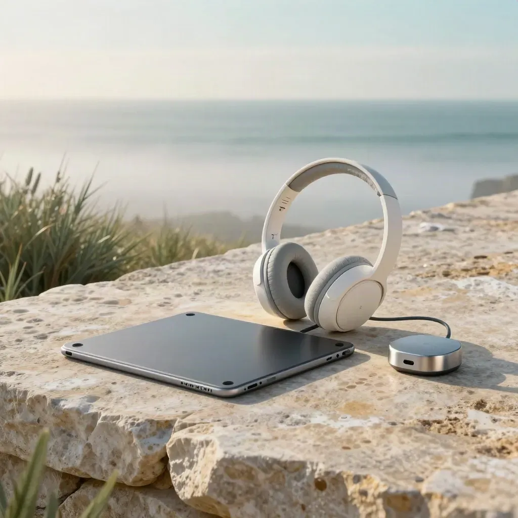 Coastal terrace with headset, tablet folio and misty horizon