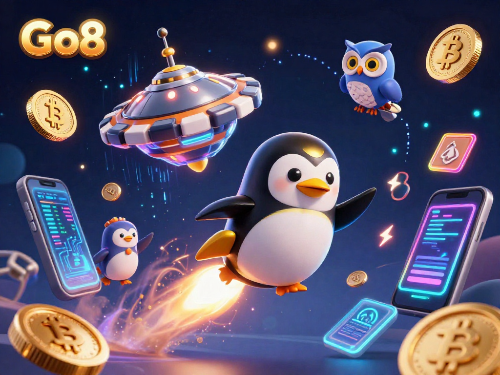 Win big with Go8 in a vibrant casino scene showcasing gold coins and crypto elements.