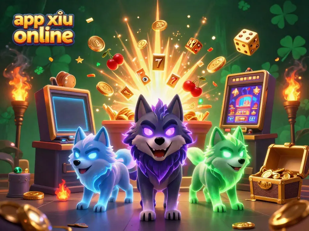 Play app tài xỉu online with excitement as glowing wolves surround a jackpot slot machine scene.