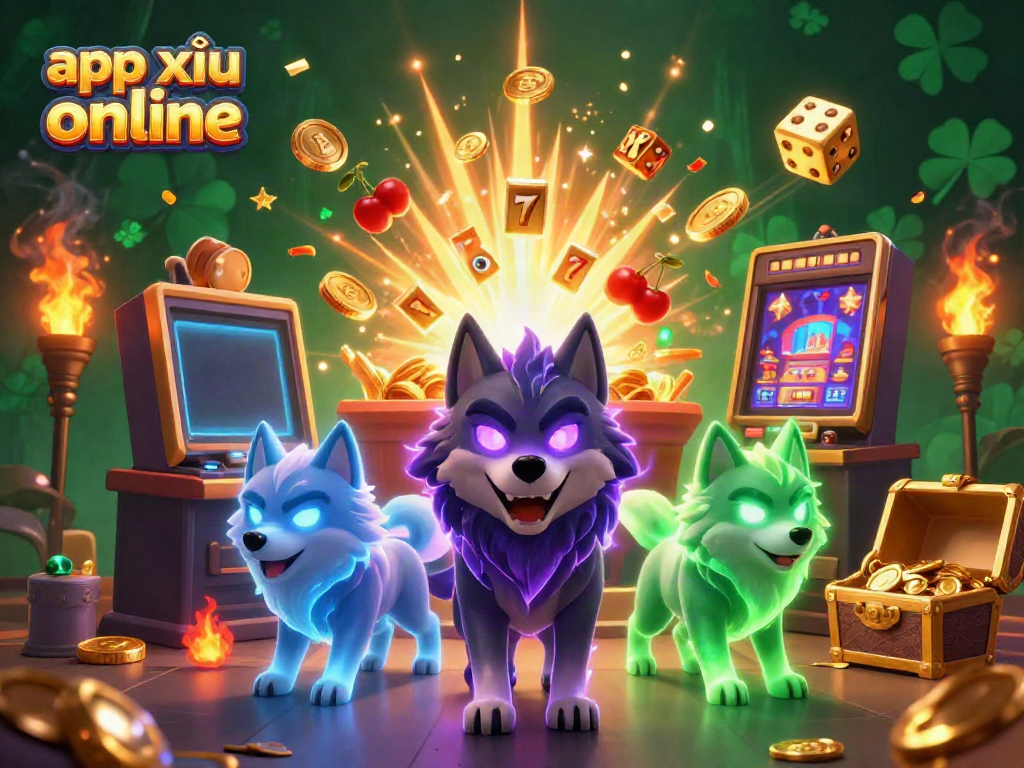 Play app tài xỉu online with excitement as glowing wolves surround a jackpot slot machine scene.
