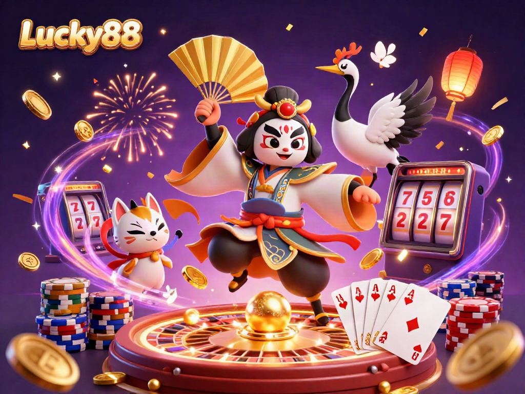 Experience the thrill of Lucky88 with vibrant symbols, playful characters, and dynamic casino elements.