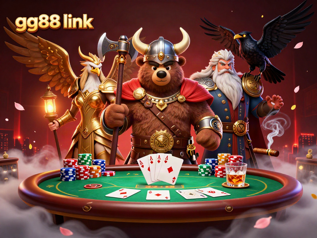 Engage with the exciting gg88 link scene featuring a Viking bear and Valkyrie eagle at a poker table.