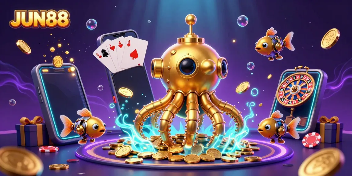 Exciting JUN88 underwater scene showcasing a golden kraken submarine amidst coins, casino elements, and vibrant effects.