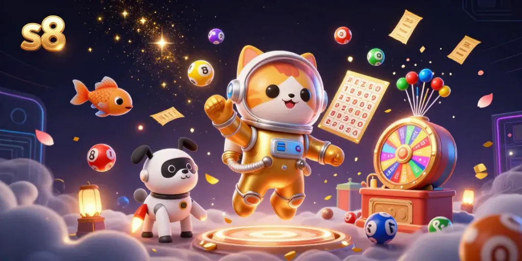 Engage in thrilling lottery activities with s8, featuring vibrant lottery balls and dynamic illustrations.