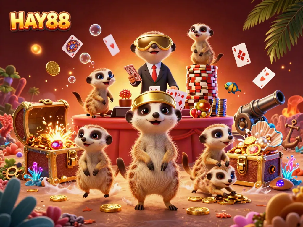 Experience the dynamic gaming action of HAY88 with cartoon meerkats operating a lively casino scene.