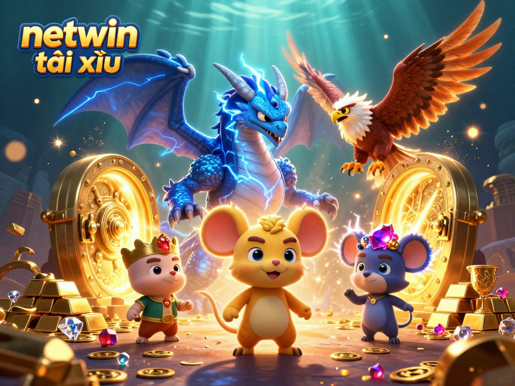 Engage in netwin tài xỉu with vibrant dragons and glowing gems in an electrifying casino scene.