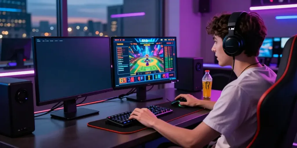Engaged player betting on 8kbeteu.com in a vibrant gaming setup.