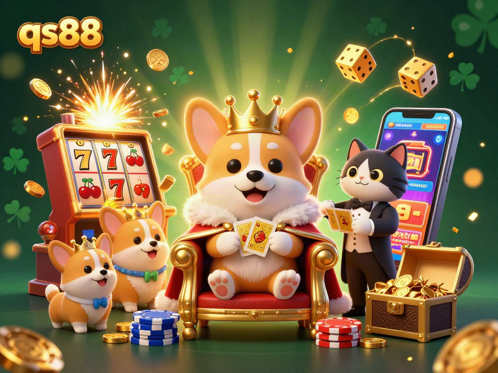 qs88 captures players' excitement as royal corgis embrace high-stakes moments in vibrant 3D casino scene