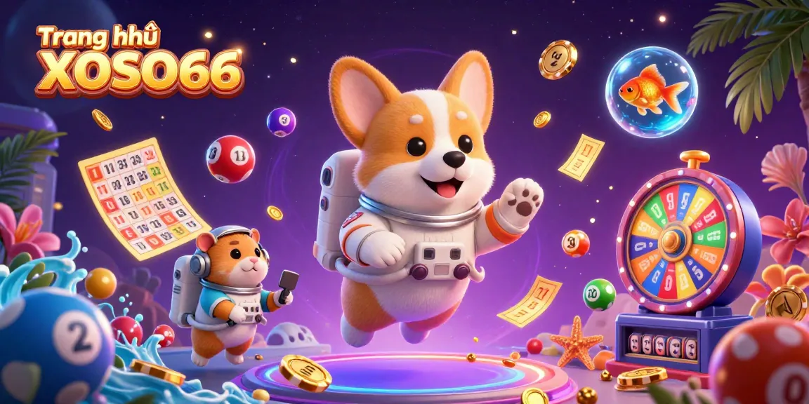 Experience winning excitement on Trang chủ XOSO66 with a whimsical casino scene featuring vibrant game elements.