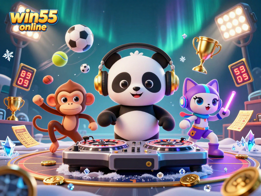 Spin and win with win55 online in this vibrant, animated casino party scene featuring dancing characters and gaming elements.
