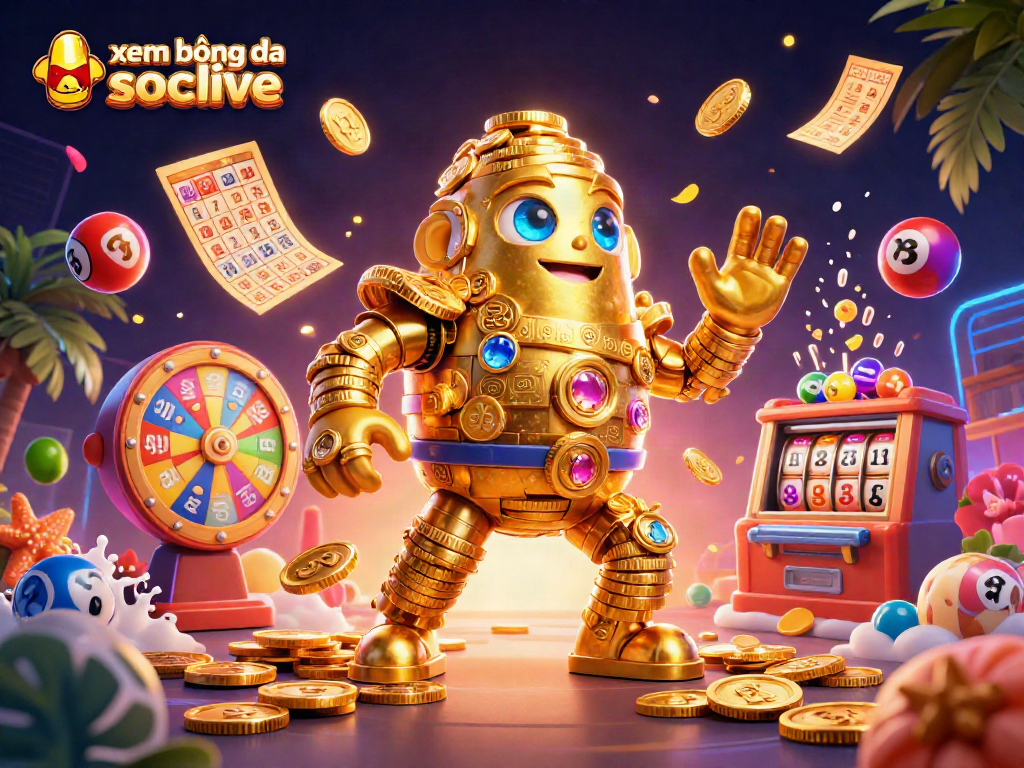 xem bóng đá socolive energizes with vibrant gambling elements and a dynamic golden golem illustration.